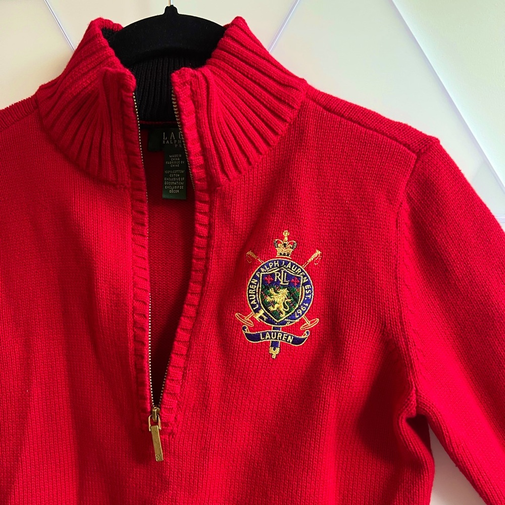 NEW Lauren Ralph Lauren quarter zip red knit sweater w crest emblem XS /…